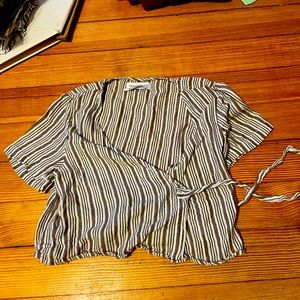 Urban Outfitters XS White and Grey Striped Wrap Tie Front Top